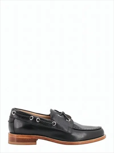 THOM BROWNE POLISHED BLACK LEATHER LOAFERS WITH MOC TOE DESIGN AND LACE DETAIL