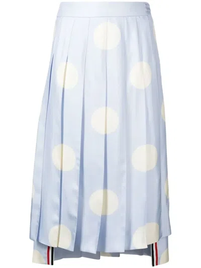 Thom Browne Polka-dot Print Pleated Silk Skirt In Blue