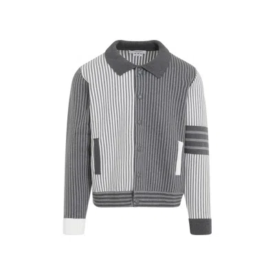 Thom Browne Seersucker Polo Collar Bomber Jacket In Gray