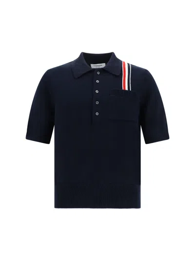 Thom Browne Cotton Knit Polo Shirt With Rwb Stripe In Blue