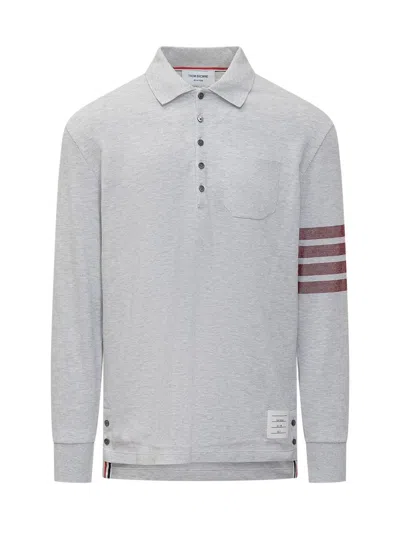 Thom Browne Textured Light Grey Long-sleeve Polo Shirt With Striped Detailing In Gray