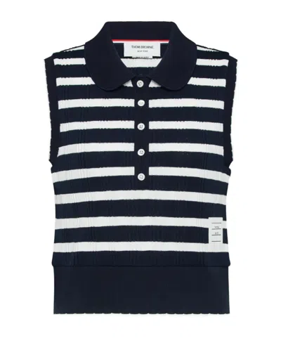 Thom Browne Round Collar Polo W7 W/ Scallop Edge In Stripe Cotton Rib In Blue