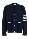 Thom Browne Blue Cardigan With V Neck And Maxi Logo On The Sleeve In Black