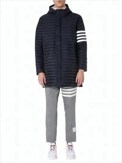 THOM BROWNE QUILTED BLACK JACKET WITH HOOD AND BUTTON CLOSURE