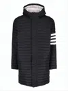 Thom Browne Quilted Black Padded Coat With Hood And Three-stripe Detail In Animal Print