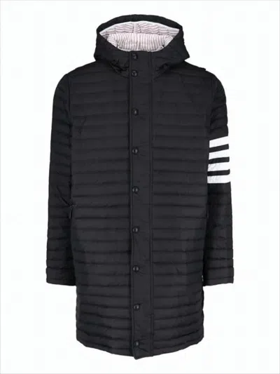 Thom Browne Quilted Black Padded Coat With Hood And Three-stripe Detail In Animal Print