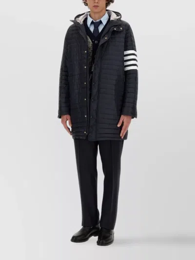 Thom Browne Quilted Hood Striped Front Pockets Down Jacket In Blue