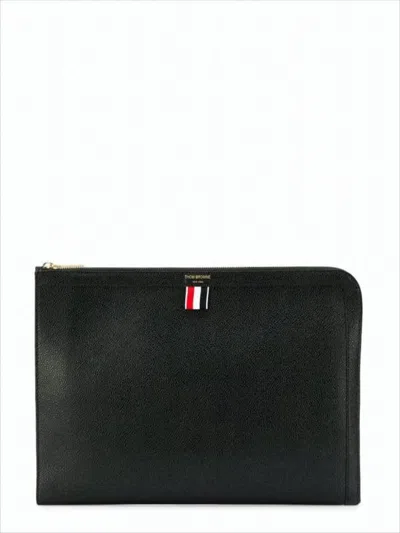 Thom Browne Rectangular Cow Leather Clutch With Gold-tone Zipper In White