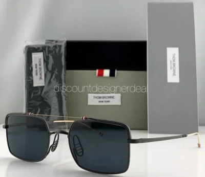 Pre-owned Thom Browne Rectangular Sunglasses Tbs909-49-04 Black Metal Gold Frame Gray Lens In Matte Black Gold Accents, Gray Lenses