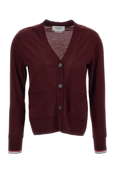 Thom Browne Red V-neck Rwb Stripe Wool Cardigan In Burgundy