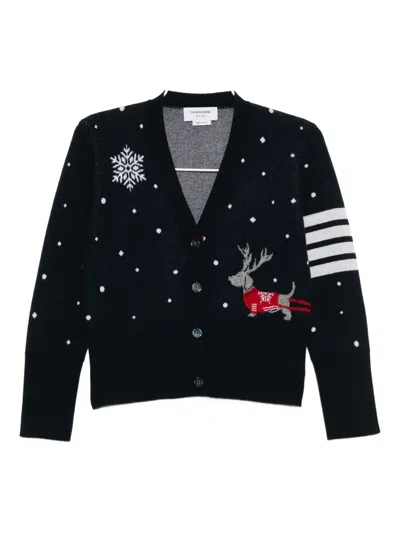 Thom Browne Reindeer-intarsia Jacquard Cardigan In Blue