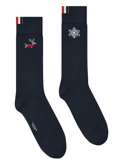Thom Browne Reindeer-motif Logo-embroidered Socks In Blue