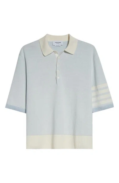 Thom Browne Relaxed Fit 4-bar Textured Stripe Linen & Cotton Polo Sweater In Blue
