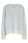 Thom Browne Relaxed Fit 4-bar Textured Stripe V-neck Linen & Cotton Sweater