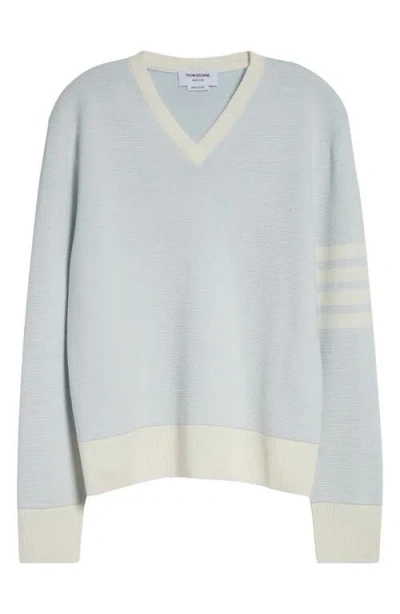 Thom Browne Relaxed Fit 4-bar Textured Stripe V-neck Linen & Cotton Sweater