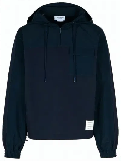 Thom Browne Relaxed Fit Half-zip Hoodie With Drawstring Hood In Blue