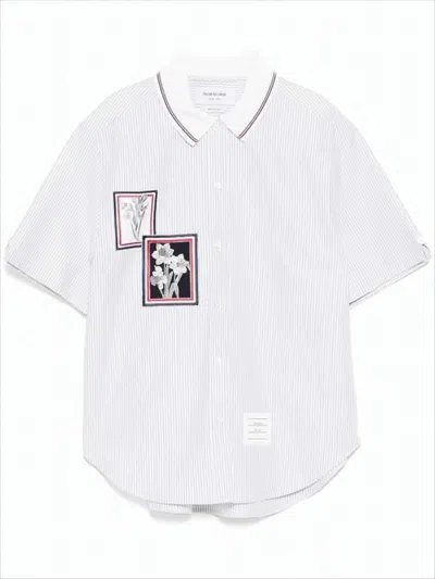 Thom Browne Relaxed Fit Short-sleeved Blouse With Pinstripes And Floral Details In White