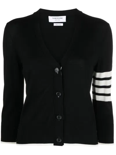 Thom Browne Relaxed Fit V Neck Cardigan W/ 4 Bar Stripe In Fine Merino Wool W/ Tipping In Black