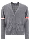 THOM BROWNE RELAXED FIT V-NECK CARDIGAN WITH RWB DETAIL IN GRAY