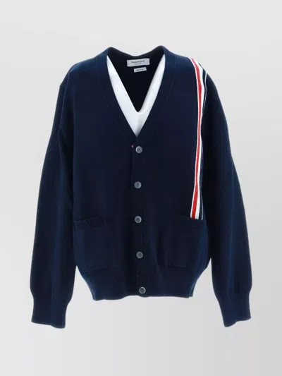 Thom Browne Relaxed Fit V Neck Cardigan With Stripe Detail In Blue