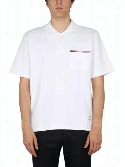 Thom Browne Relaxed-fit White Polo Shirt With Striped Chest Pocket In Gray