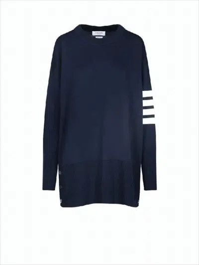 Thom Browne Relaxed Fit Wool Sweater With Striped Sleeve And Button Accents In Blue