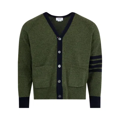 Pre-owned Thom Browne Relaxed V Neck 4 Bar Cardigan In Shetland Wool 'dark Green' | Men's Size 3