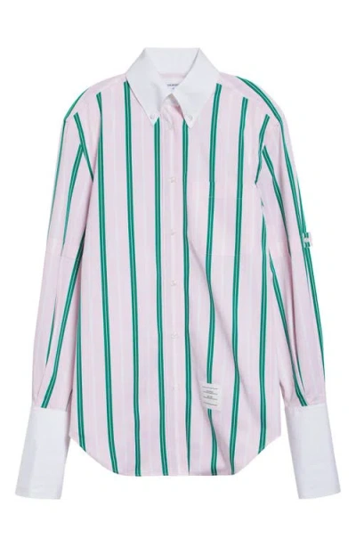 Thom Browne Repp Stripe Oversize Button Armband Cotton Poplin Button-down Shirt In Pink