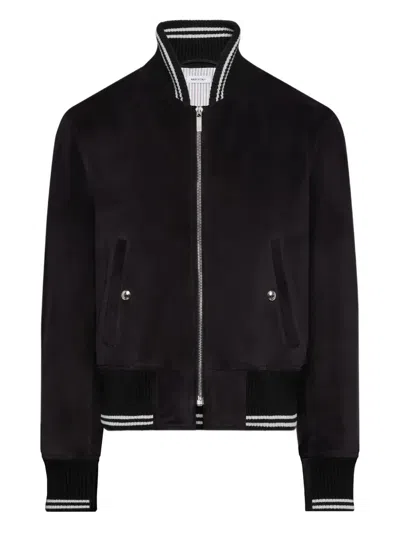 Thom Browne Rib-knit Suede Bomber Jacket In Black