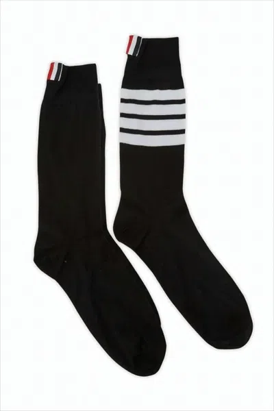 Thom Browne Ribbed Black Cotton Socks With Striped Detail