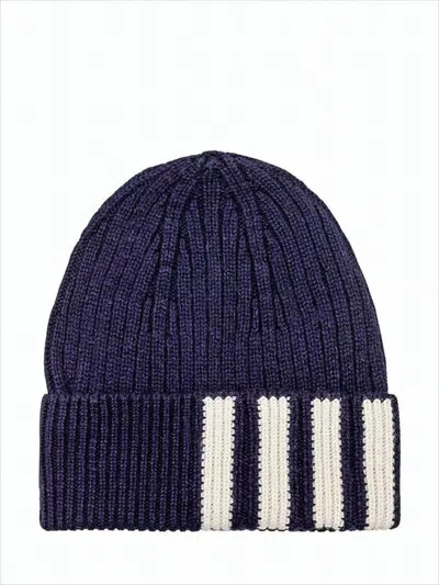 Thom Browne Ribbed Cashmere Beanie With Contrasting Stripes And Distinctive Tag In Brown