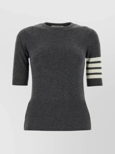 THOM BROWNE RIBBED CASHMERE KNIT WITH STRIPED SHORT SLEEVES