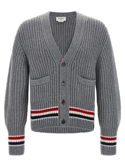 Thom Browne Ribbed Cashmere With Rwb Stripe Cardigan In Grey