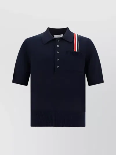 THOM BROWNE RIBBED COLLAR POLO SHIRT WITH BRAND DETAIL