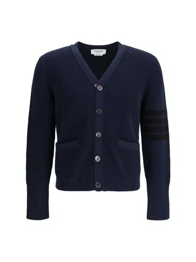 Thom Browne Striped Grosgrain-trimmed Cotton Cardigan In Blue