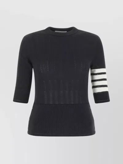 Thom Browne Ribbed Crew Neck Sweater With Striped Sleeves In Blue