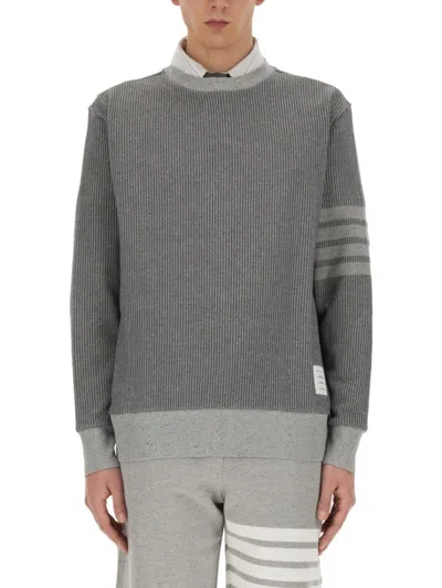 Thom Browne Ribbed Grey Sweater With Striped Sleeves