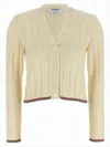 Thom Browne Ribbed Knit Cardigan With Cropped Silhouette And Iconic Stripe Accents In Neutral