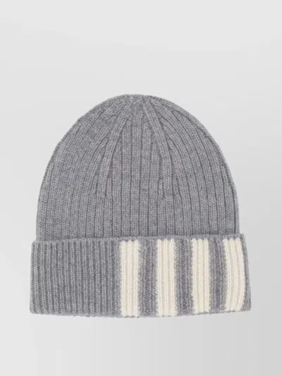 Thom Browne Ribbed Knit Hat With Striped Folded Cuff