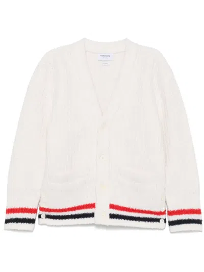THOM BROWNE RIBBED KNIT RWB STRIPE CARDIGAN
