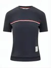 Thom Browne Ribbed Knit Short-sleeved Top With Tricolor Accent In Black