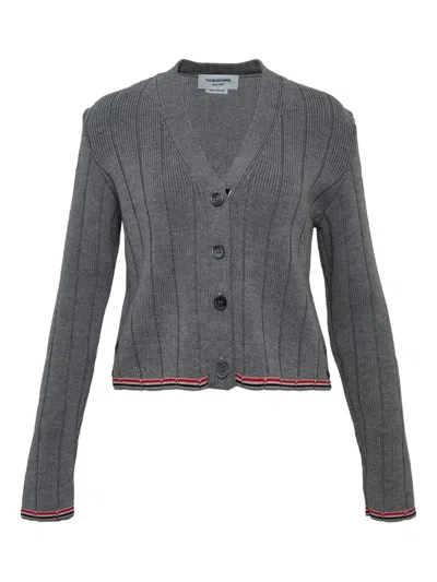 Thom Browne Ribbed-knit V-neck Cardigan In Gray