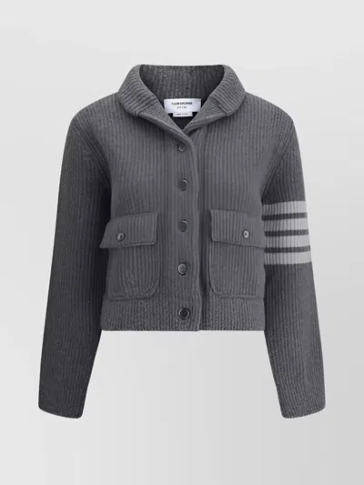 Thom Browne Ribbed Knit Wool Jacket With Striped Detail In Gray