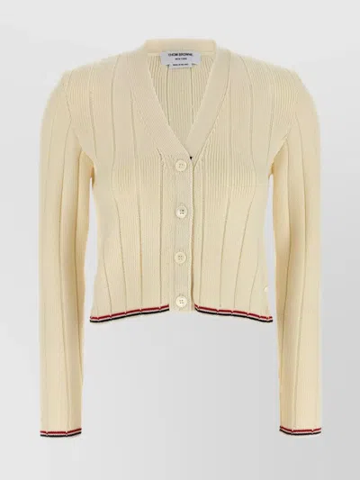 Thom Browne Ribbed V-neck Cardigan Contrast Trim In Neutral