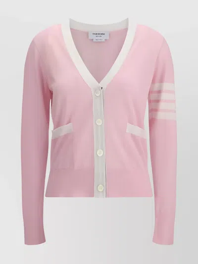 Thom Browne Ribbed V-neck Cardigan Piping Contrast In Pink