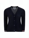 Thom Browne Ribbed V-neck Cardigan With Button-down Front In Blue