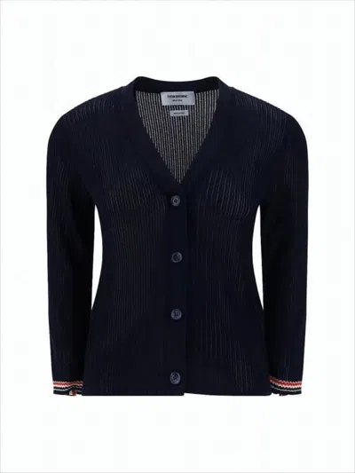 Thom Browne Ribbed V-neck Cardigan With Button-down Front In Blue