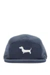 THOM BROWNE RIBBED VELVET BASEBALL CAP WITH ICONIC EMBROIDERY