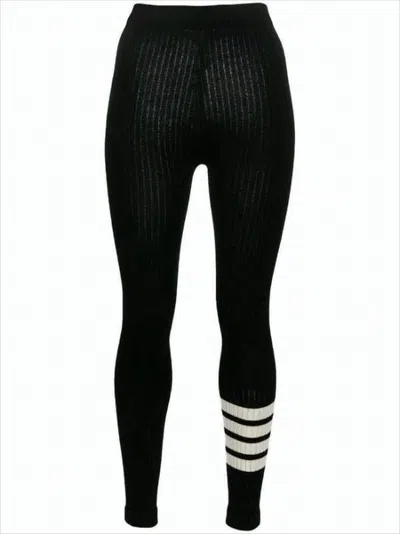 Thom Browne Ribbed Wool Leggings With Signature Stripes By  In Black