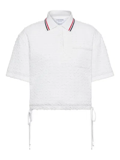 Thom Browne Ribbon Tweed Drawstring Polo Top In White